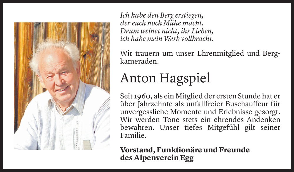  Todesanzeige für Anton Hagspiel vom 17.01.2024 aus Vorarlberger Nachrichten