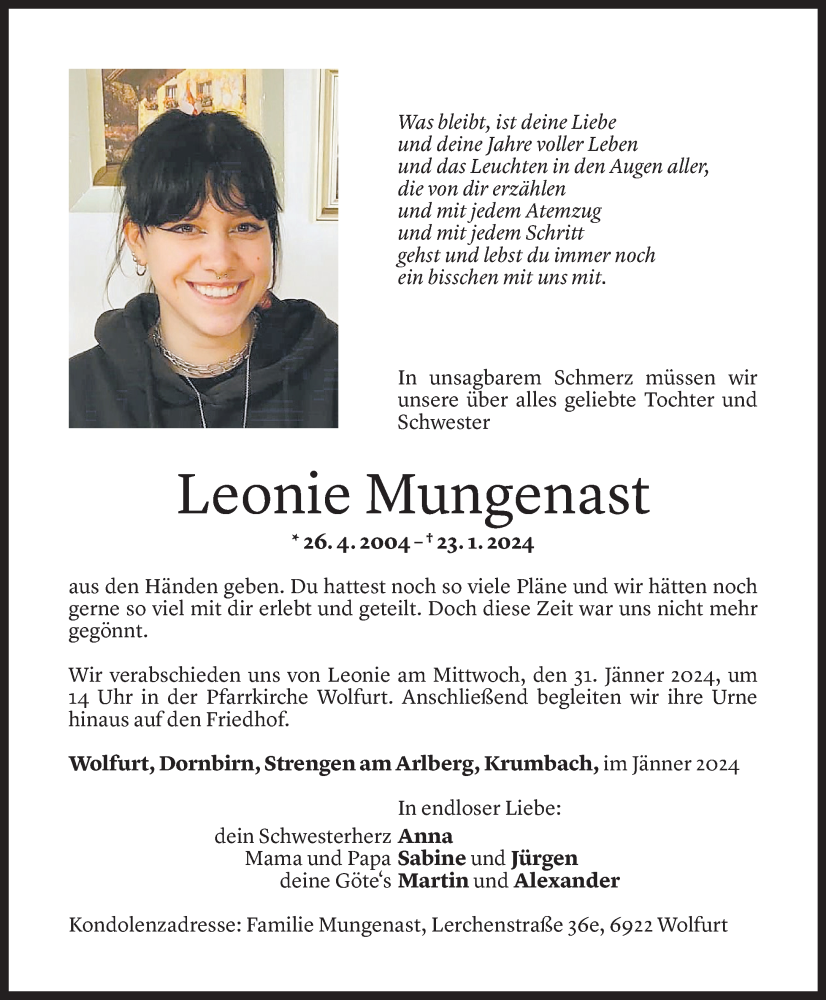  Todesanzeige für Leonie Mungenast vom 26.01.2024 aus Vorarlberger Nachrichten