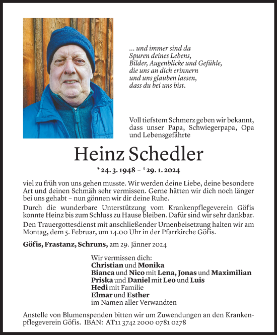 Todesanzeige von Heinz Schedler von Vorarlberger Nachrichten