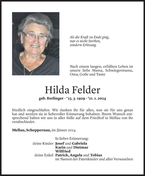 Todesanzeige von Hilda Felder von Vorarlberger Nachrichten