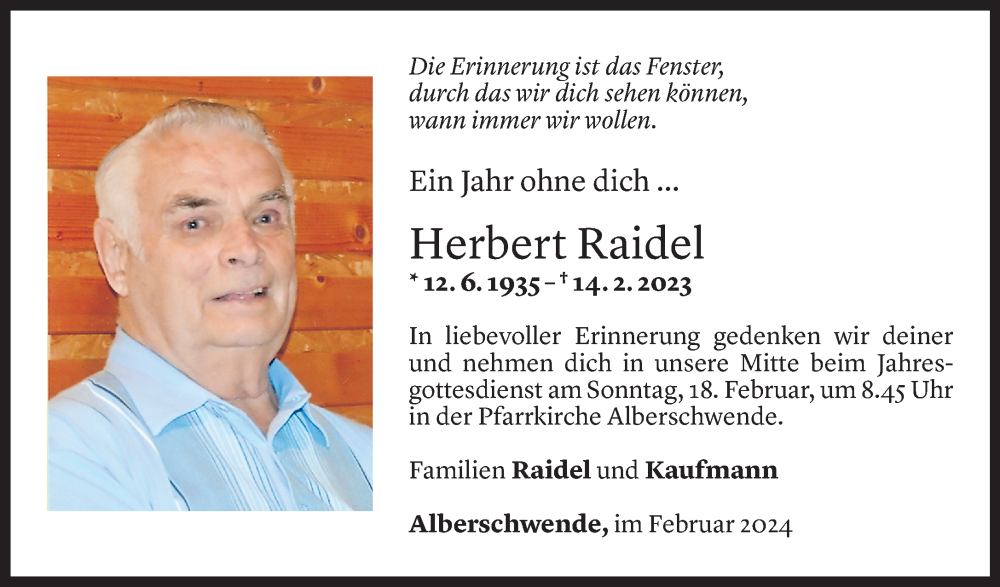  Todesanzeige für Herbert Raidel vom 16.02.2024 aus Vorarlberger Nachrichten