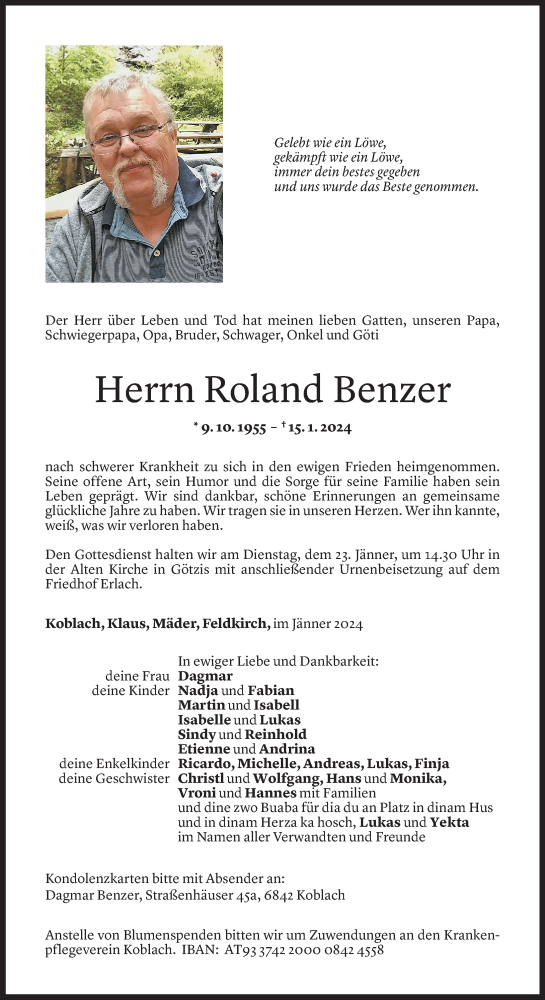 Todesanzeige von Roland Benzer von Vorarlberger Nachrichten