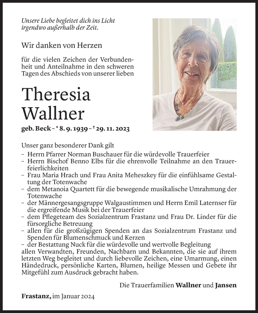  Todesanzeige für Theresia Wallner vom 04.01.2024 aus Vorarlberger Nachrichten