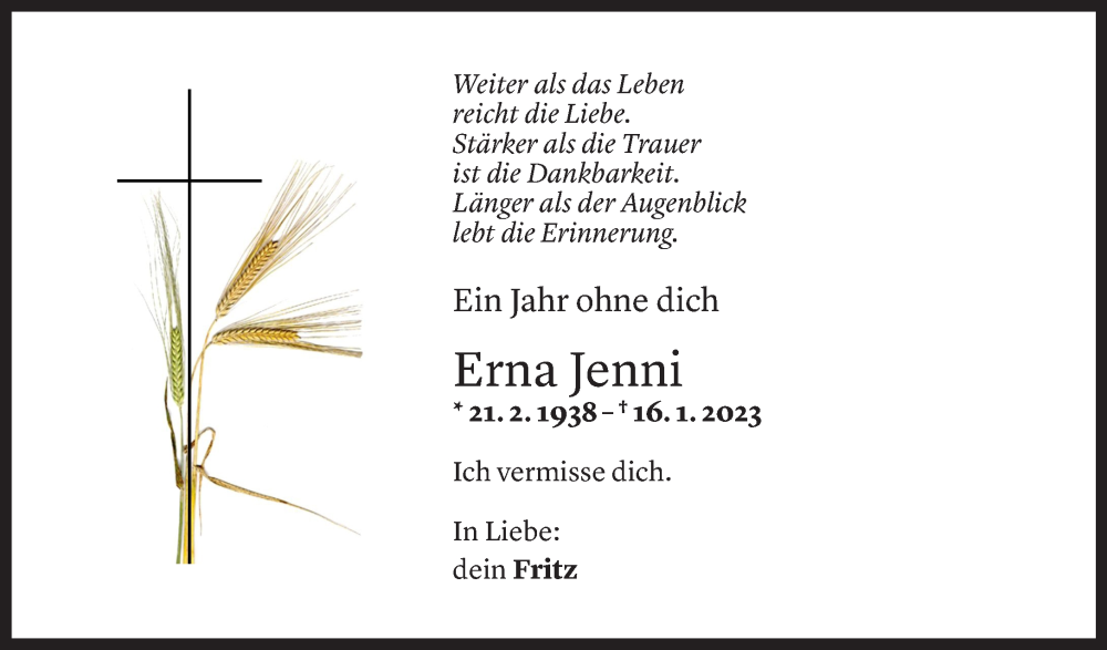  Todesanzeige für Erna Jenni vom 27.01.2024 aus Vorarlberger Nachrichten