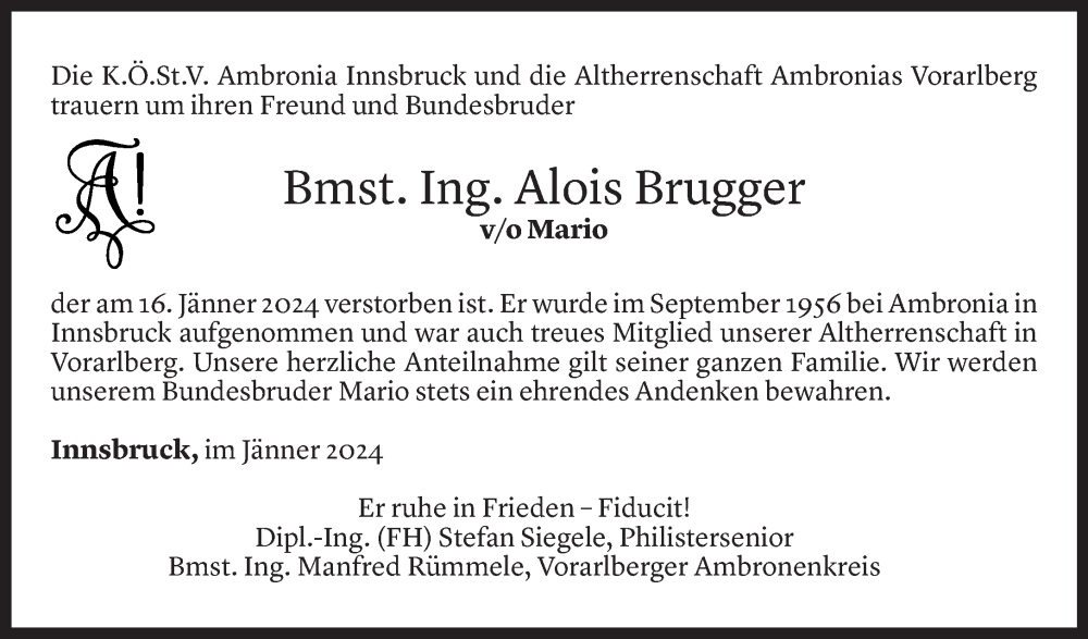  Todesanzeige für Alois Brugger vom 19.01.2024 aus Vorarlberger Nachrichten