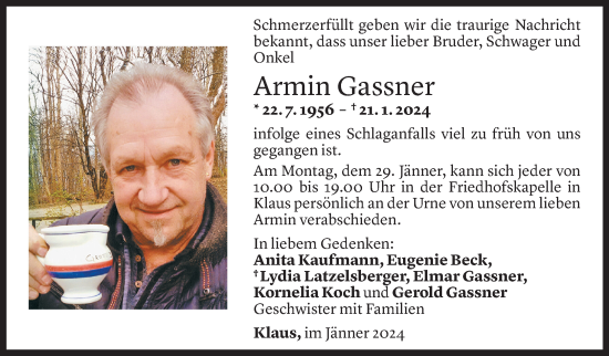Todesanzeige von Armin Gassner von vorarlberger nachrichten