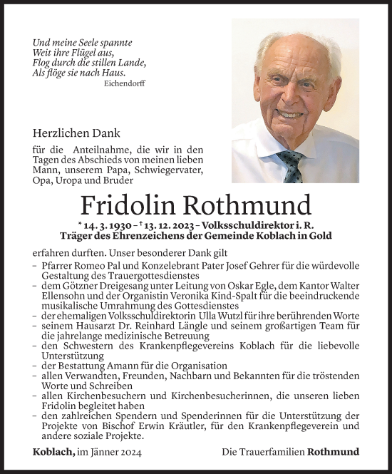 Todesanzeige von Fridolin Rothmund von Vorarlberger Nachrichten