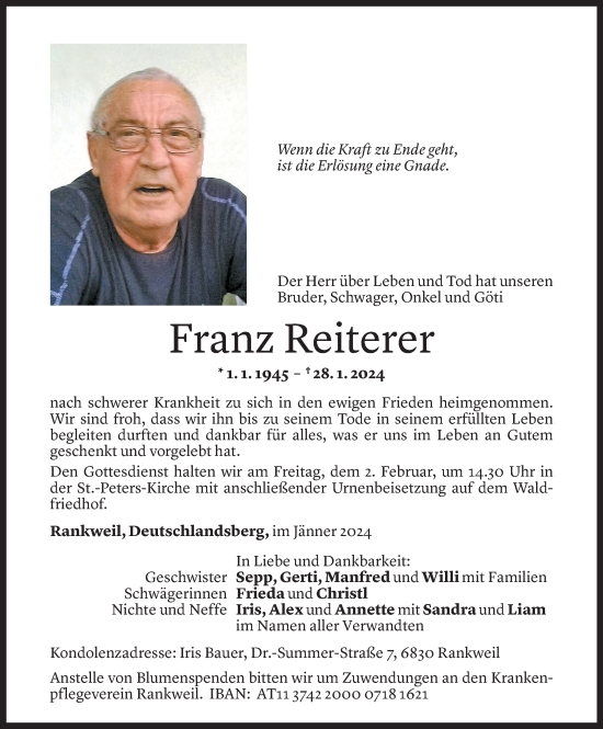 Todesanzeige von Franz Reiterer von Vorarlberger Nachrichten