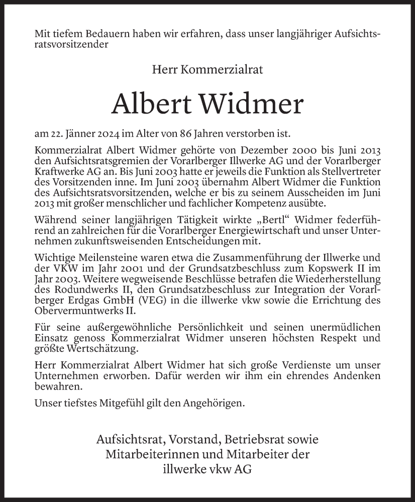  Todesanzeige für Bertl Widmer vom 25.01.2024 aus Vorarlberger Nachrichten