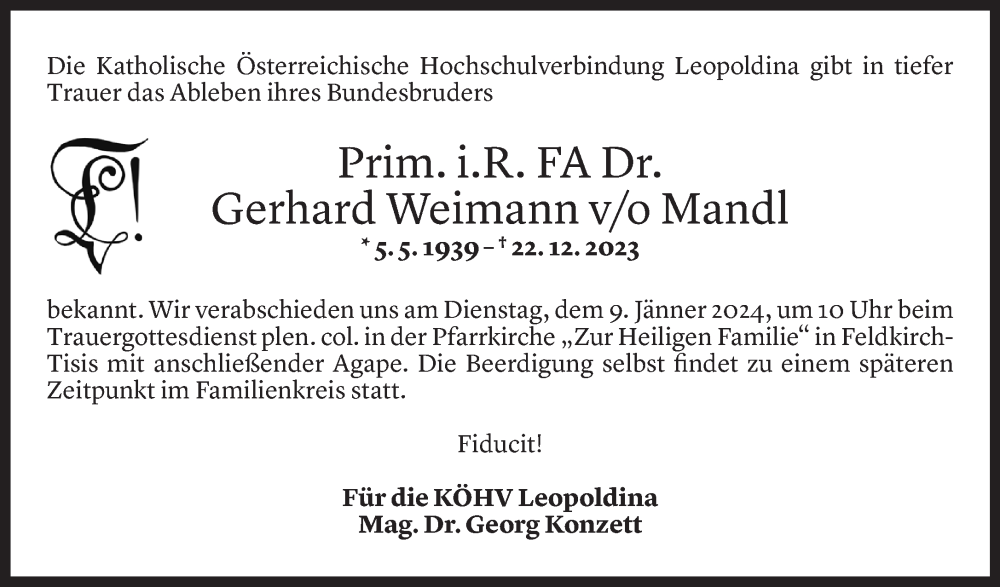  Todesanzeige für Gerhard Weimann vom 05.01.2024 aus Vorarlberger Nachrichten