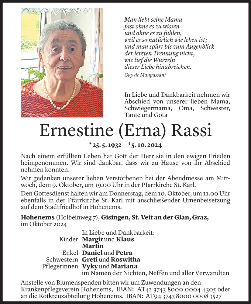  Todesanzeige für Ernestine Rassi vom 08.10.2024 aus Vorarlberger Nachrichten