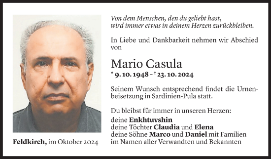 Todesanzeige von Mario Casula von Vorarlberger Nachrichten