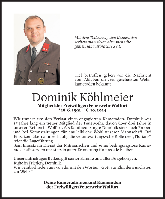 Todesanzeige von Dominik Köhlmeier von Vorarlberger Nachrichten