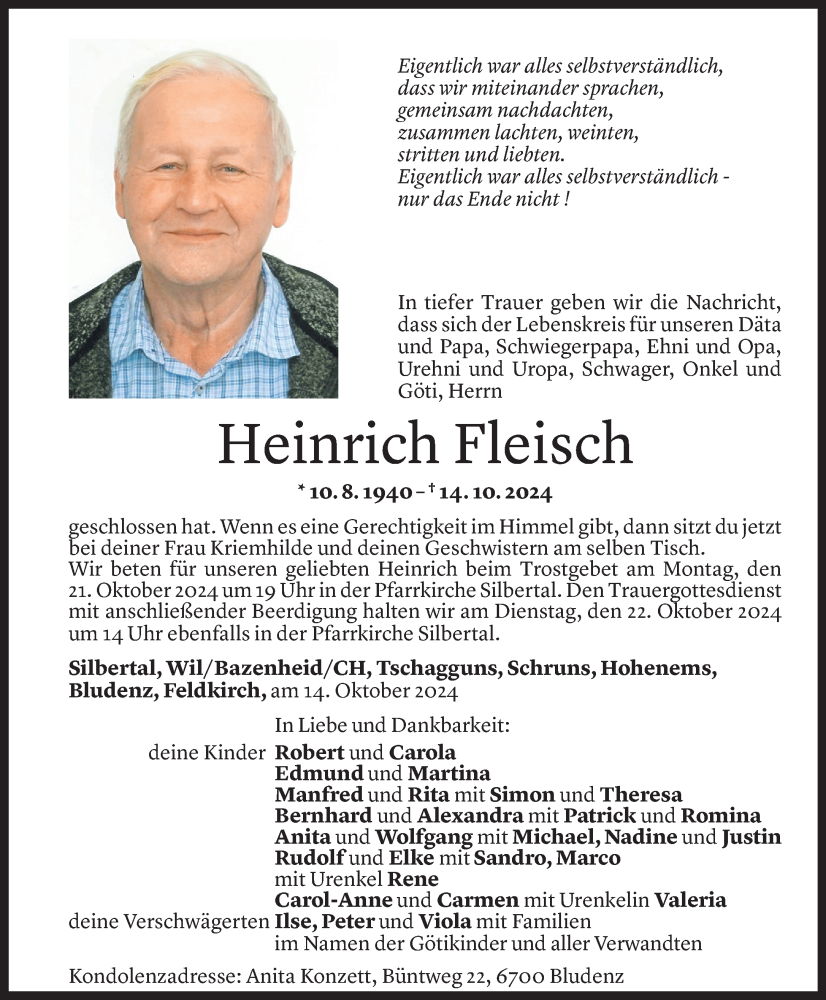  Todesanzeige für Heinrich Fleisch vom 18.10.2024 aus Vorarlberger Nachrichten