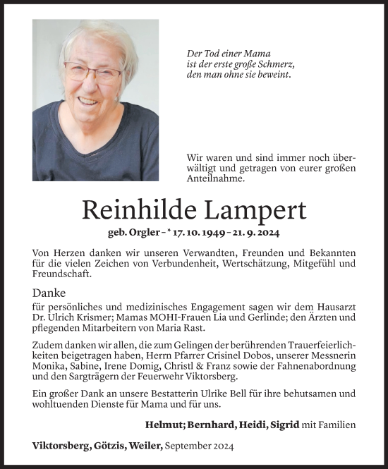 Todesanzeige von Reinhilde Lampert von Vorarlberger Nachrichten