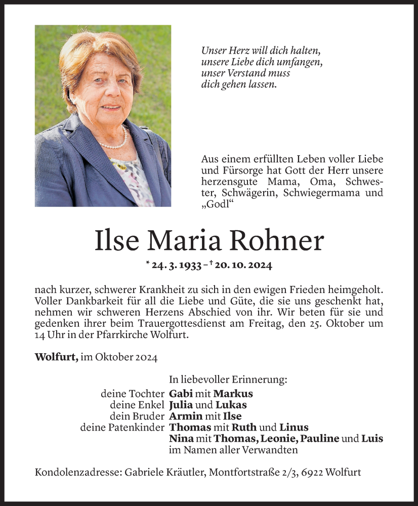  Todesanzeige für Ilse Rohner vom 22.10.2024 aus Vorarlberger Nachrichten