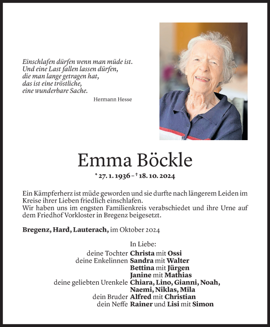 Todesanzeige von Emma Böckle von Vorarlberger Nachrichten