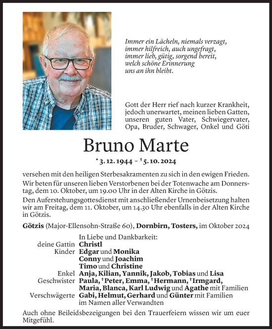 Todesanzeige von Bruno Marte von Vorarlberger Nachrichten