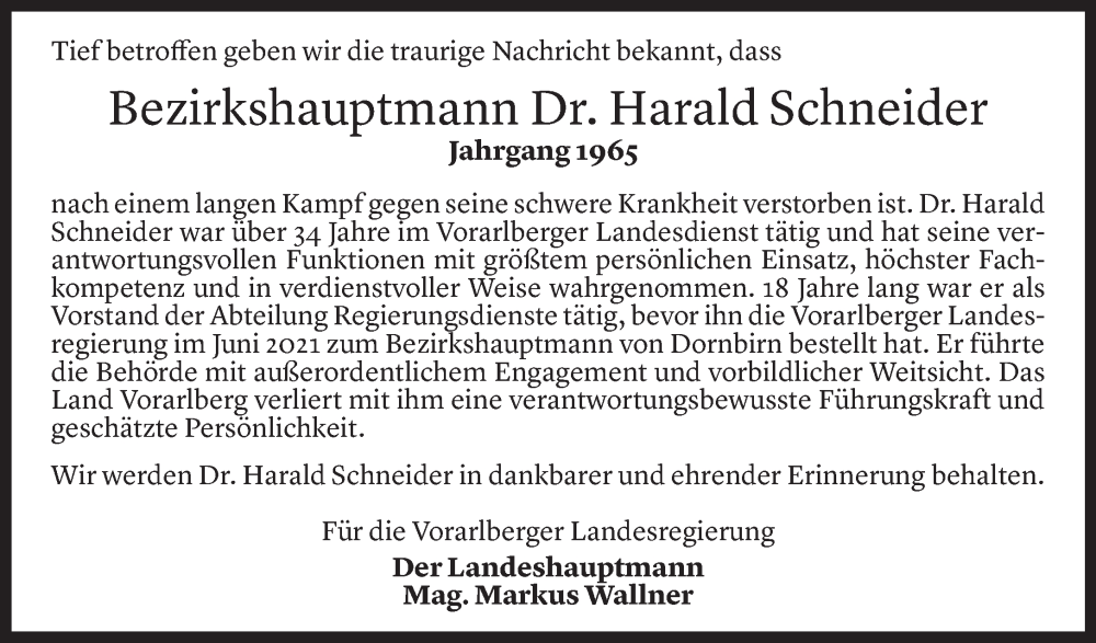  Todesanzeige für Harald Schneider vom 22.10.2024 aus Vorarlberger Nachrichten