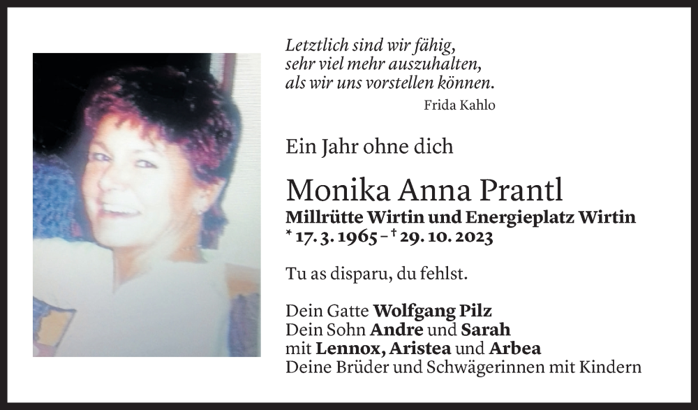  Todesanzeige für Monika Anna Prantl vom 29.10.2024 aus Vorarlberger Nachrichten