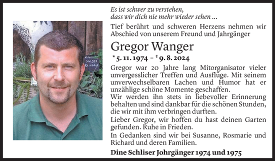 Todesanzeige von Gregor Wanger von Vorarlberger nachrichten