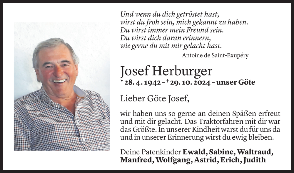  Todesanzeige für Josef Herburger vom 01.11.2024 aus Vorarlberger Nachrichten