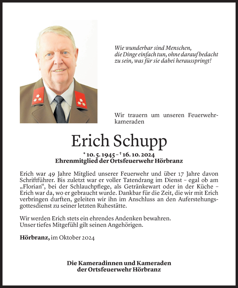  Todesanzeige für Erich Schupp vom 22.10.2024 aus Vorarlberger Nachrichten