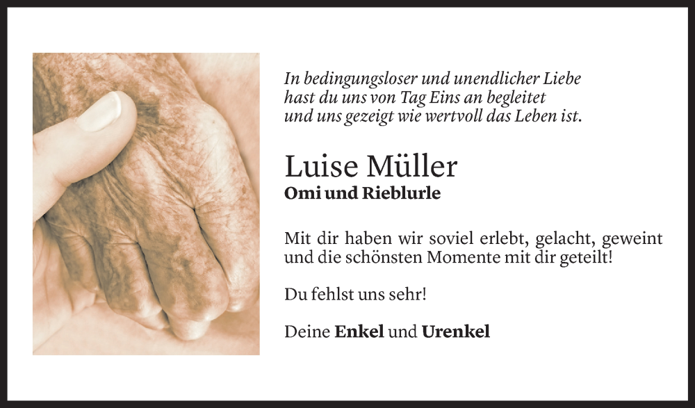  Todesanzeige für Luise Müller vom 24.10.2024 aus Vorarlberger Nachrichten