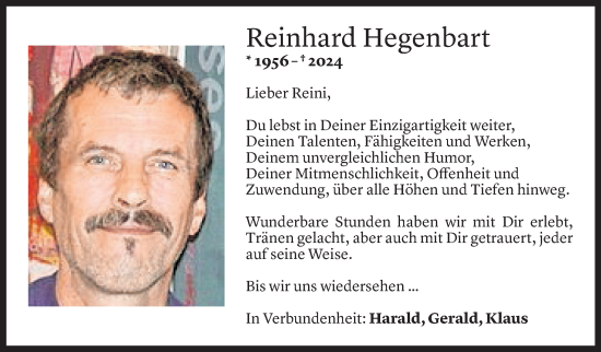 Todesanzeige von Reinhard Hegenbart von Vorarlberger Nachrichten