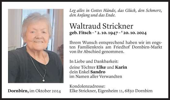 Todesanzeige von Waltraud Strickner von Vorarlberger Nachrichten