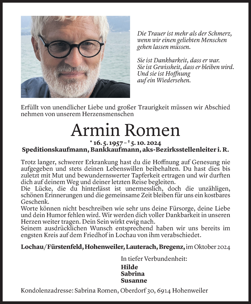  Todesanzeige für Armin Romen vom 19.10.2024 aus Vorarlberger Nachrichten