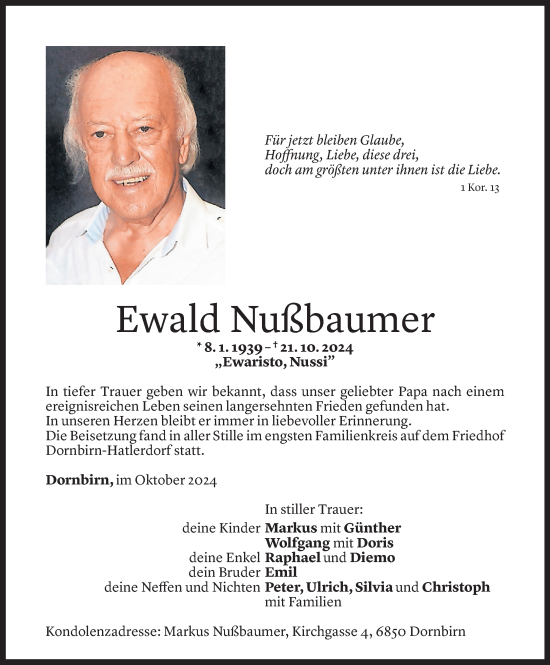 Todesanzeige von Ewald Nußbaumer von Vorarlberger Nachrichten