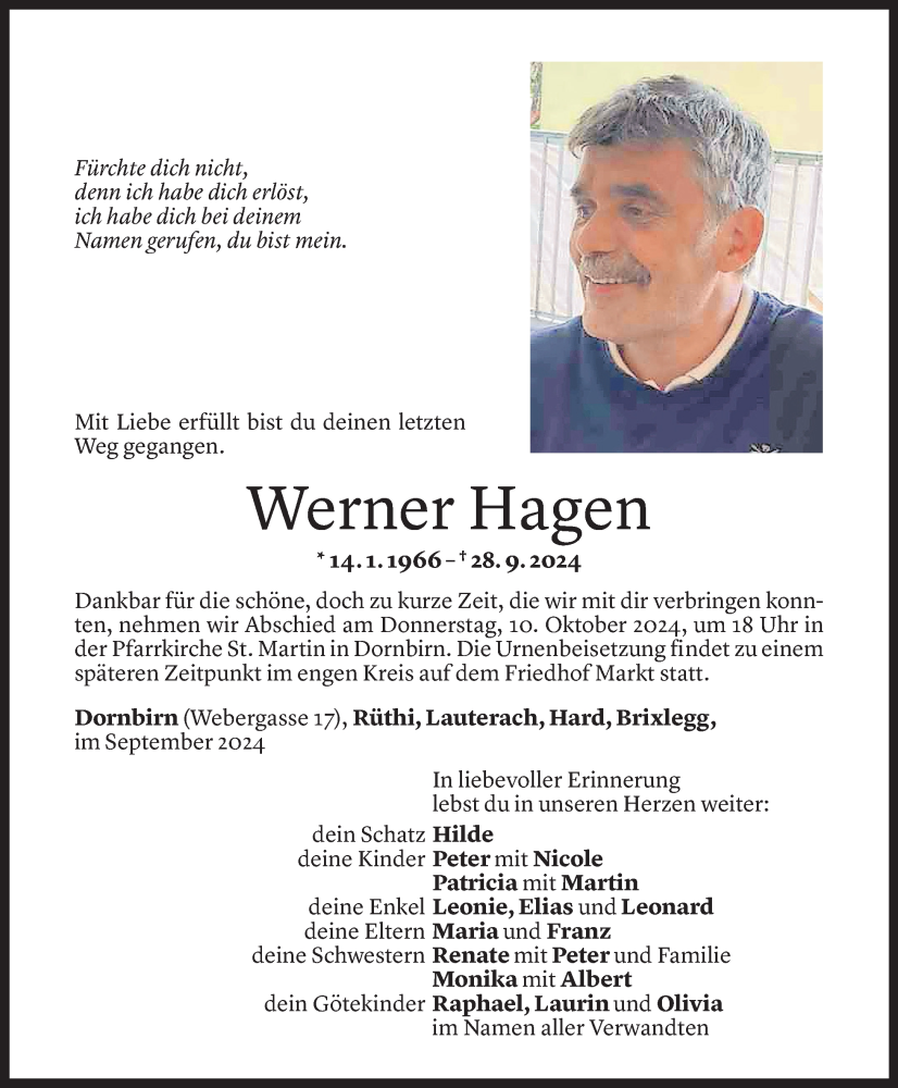  Todesanzeige für Werner Hagen vom 04.10.2024 aus Vorarlberger Nachrichten