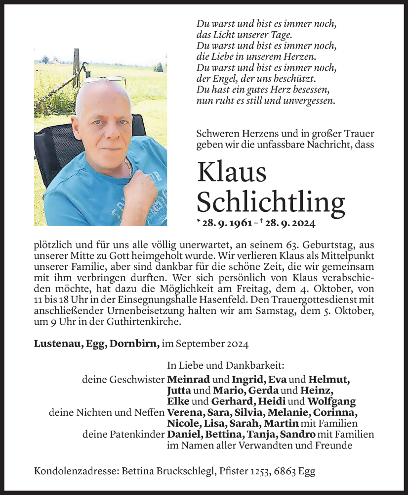  Todesanzeige für Klaus Schlichtling vom 02.10.2024 aus Vorarlberger Nachrichten