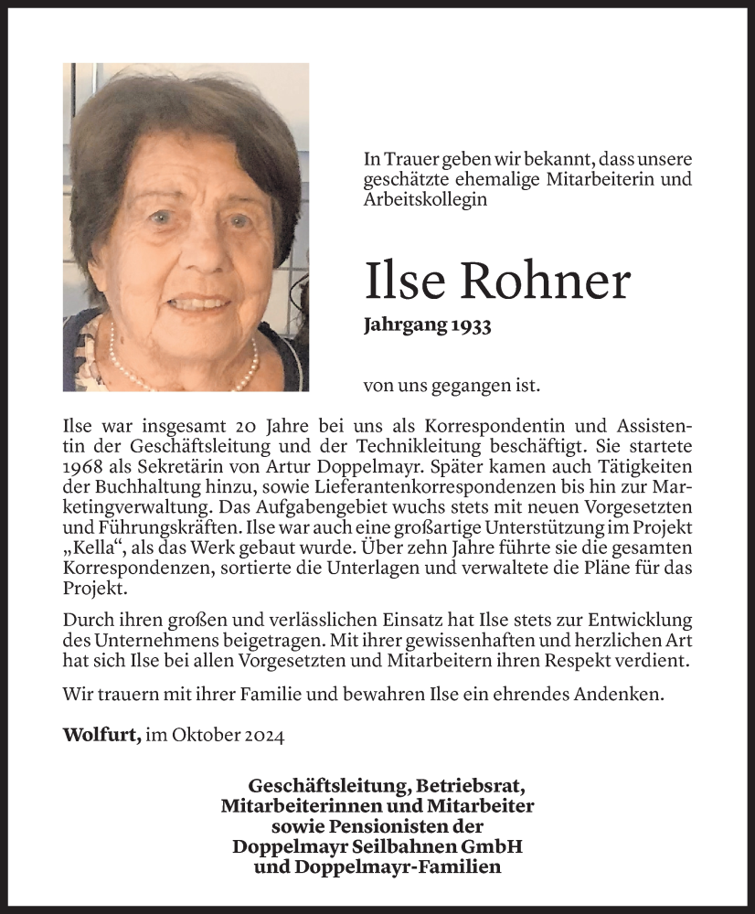  Todesanzeige für Ilse Rohner vom 22.10.2024 aus Vorarlberger Nachrichten