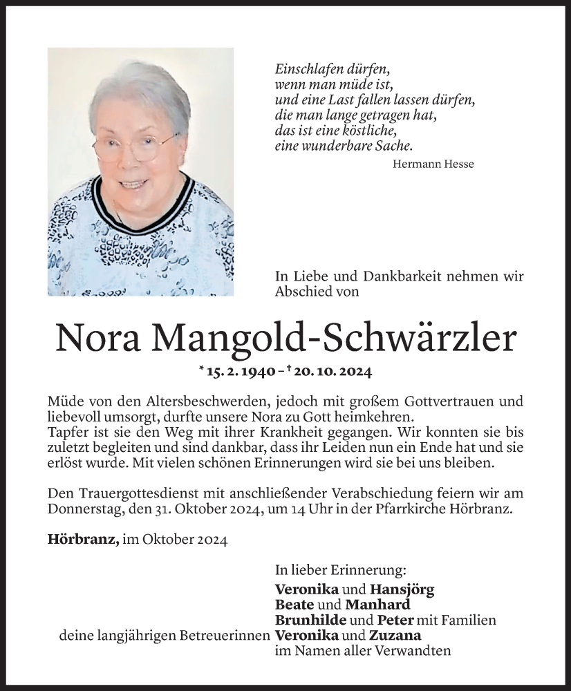  Todesanzeige für Nora Mangold-Schwärzler vom 25.10.2024 aus Vorarlberger Nachrichten