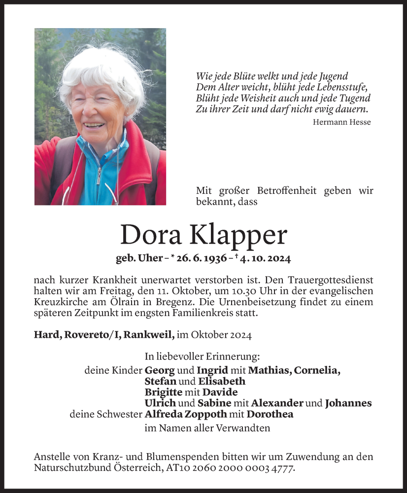  Todesanzeige für Dora Klapper vom 08.10.2024 aus Vorarlberger Nachrichten