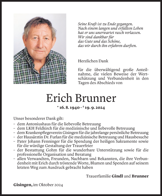 Todesanzeige von Erich Brunner von Vorarlberger Nachrichten