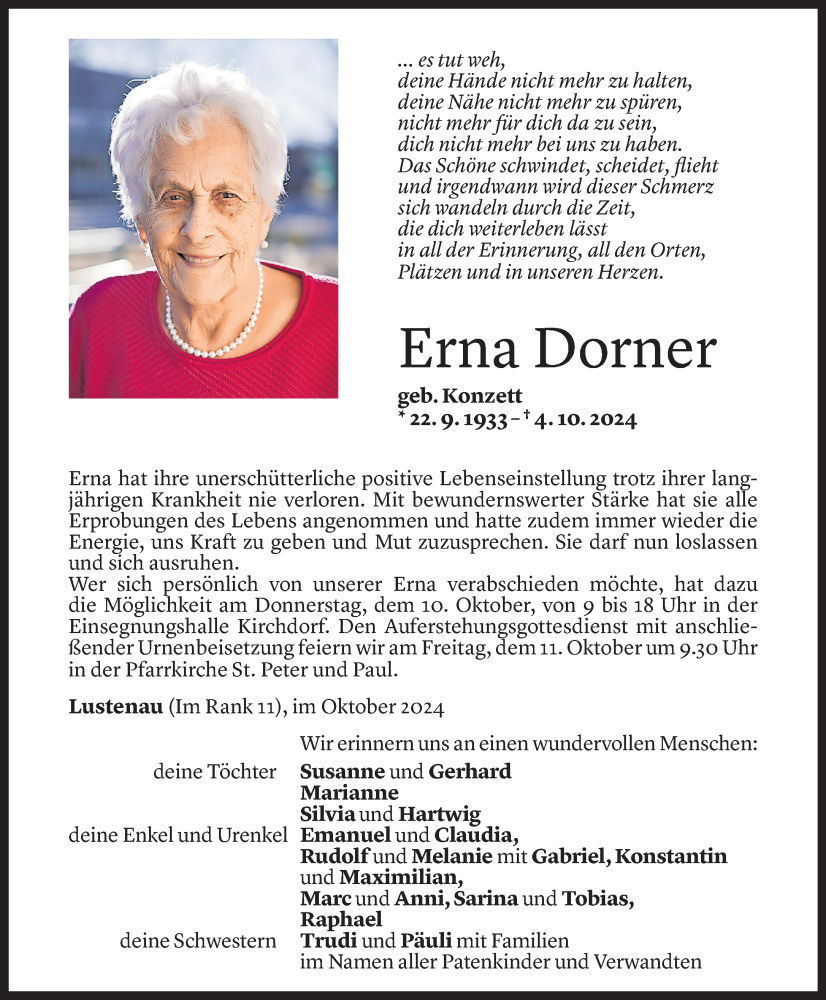  Todesanzeige für Erna Dorner vom 09.10.2024 aus Vorarlberger Nachrichten