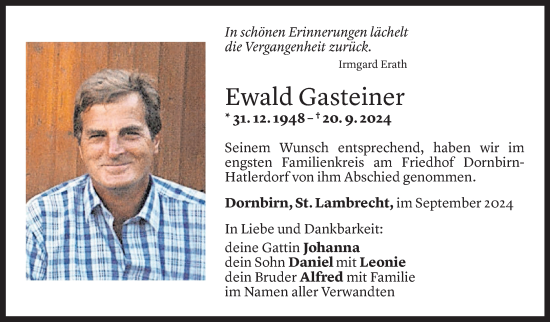 Todesanzeige von Ewald Gasteiner von Vorarlberger Nachrichten