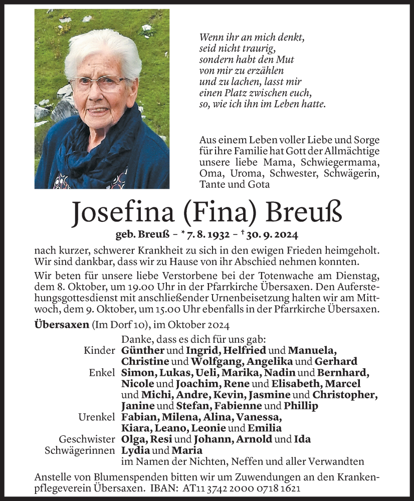  Todesanzeige für Josefina Breuß vom 05.10.2024 aus Vorarlberger Nachrichten