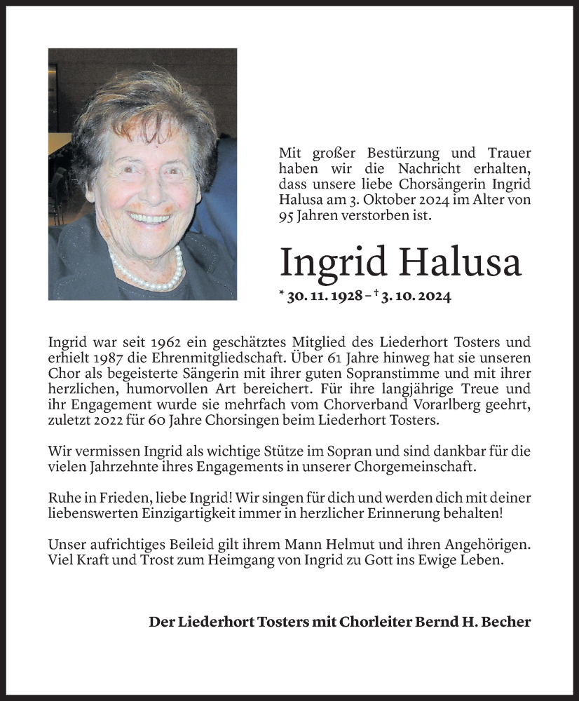  Todesanzeige für Ingrid Halusa vom 06.10.2024 aus Vorarlberger Nachrichten