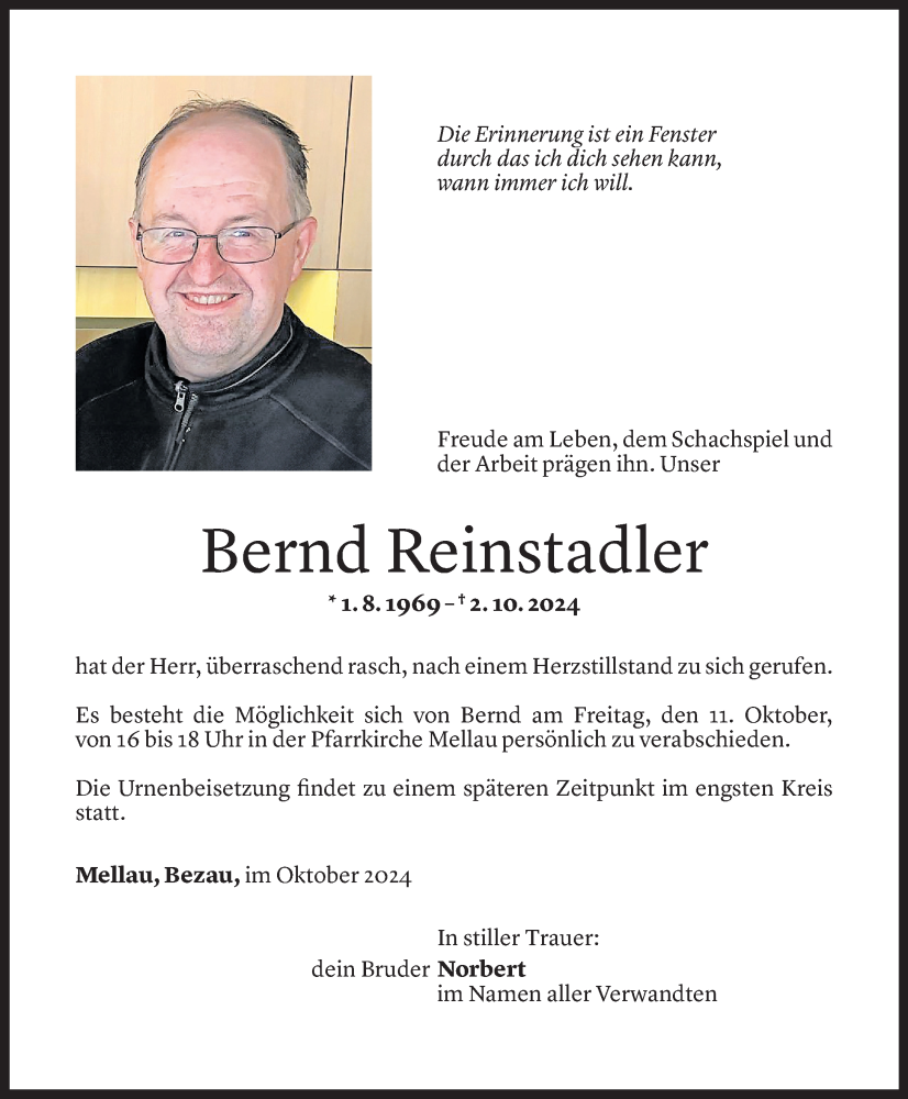  Todesanzeige für Bernd Reinstadler vom 09.10.2024 aus Vorarlberger Nachrichten