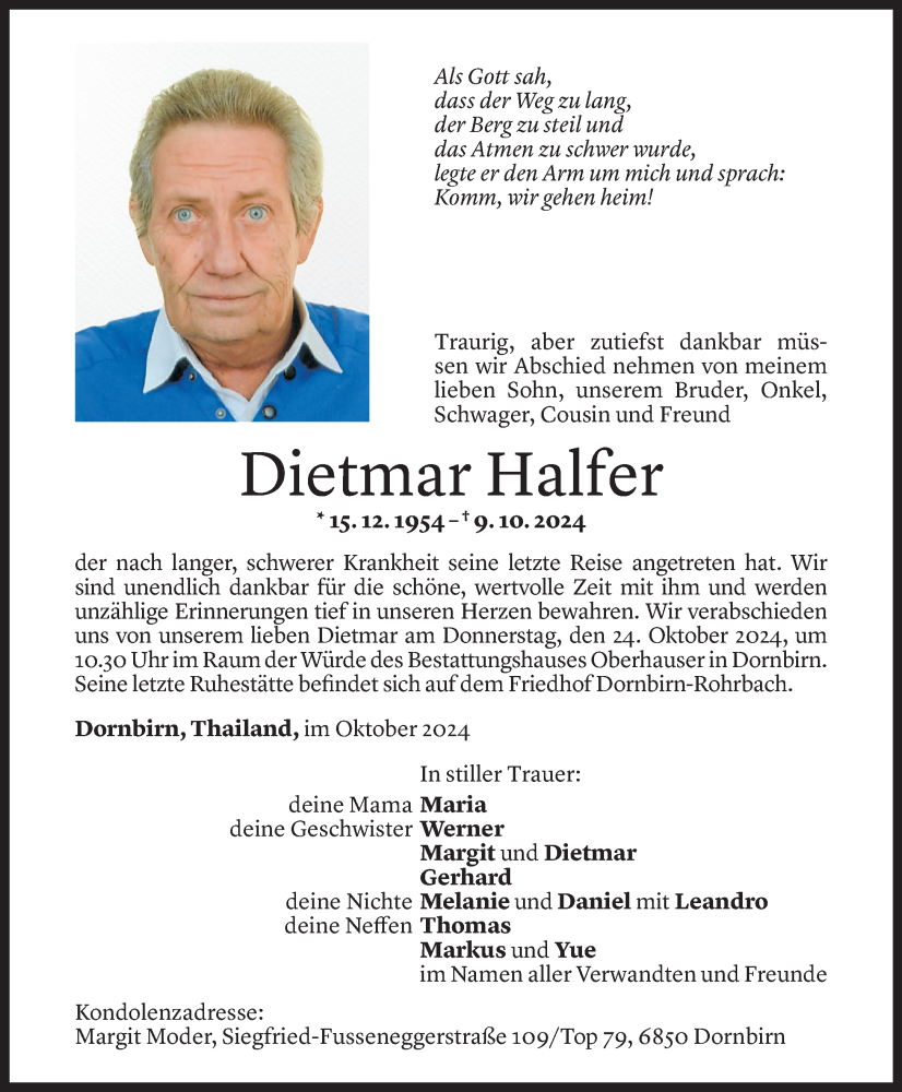  Todesanzeige für Dietmar Halfer vom 18.10.2024 aus Vorarlberger Nachrichten