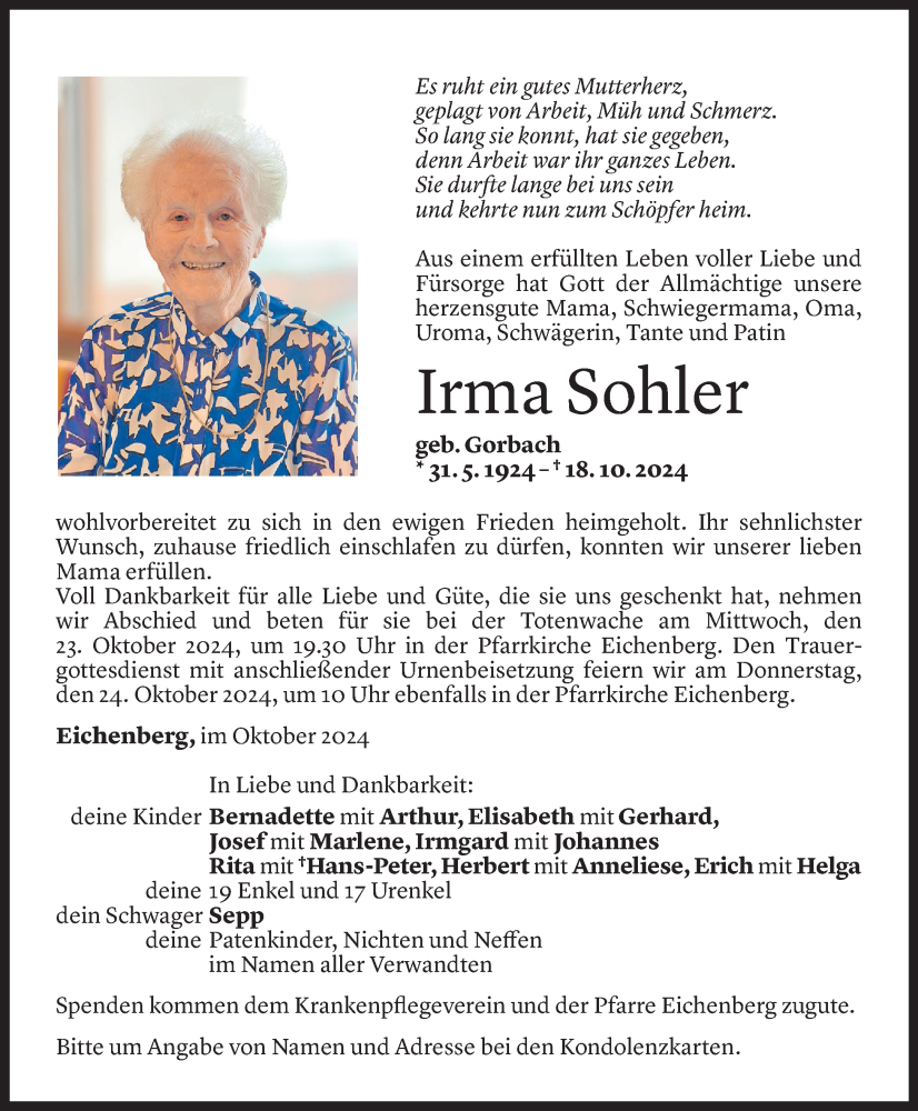  Todesanzeige für Irma Sohler vom 21.10.2024 aus Vorarlberger Nachrichten