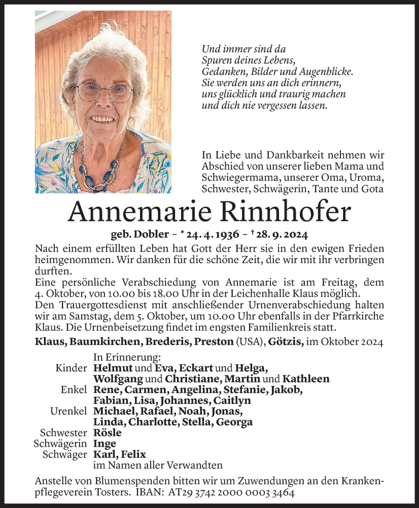  Todesanzeige für Annemarie Rinnhofer vom 02.10.2024 aus Vorarlberger Nachrichten