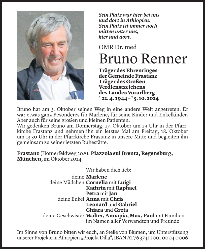  Todesanzeige für Bruno Renner vom 12.10.2024 aus Vorarlberger Nachrichten