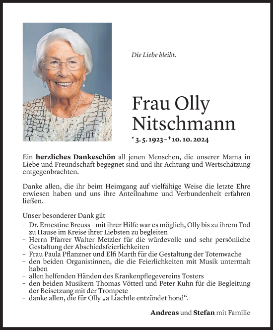 Todesanzeige von Olly Nitschmann von Vorarlberger Nachrichten