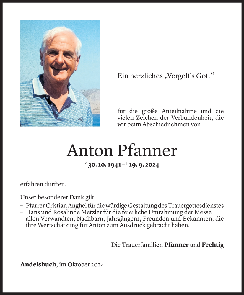  Todesanzeige für Anton Pfanner vom 29.10.2024 aus Vorarlberger Nachrichten