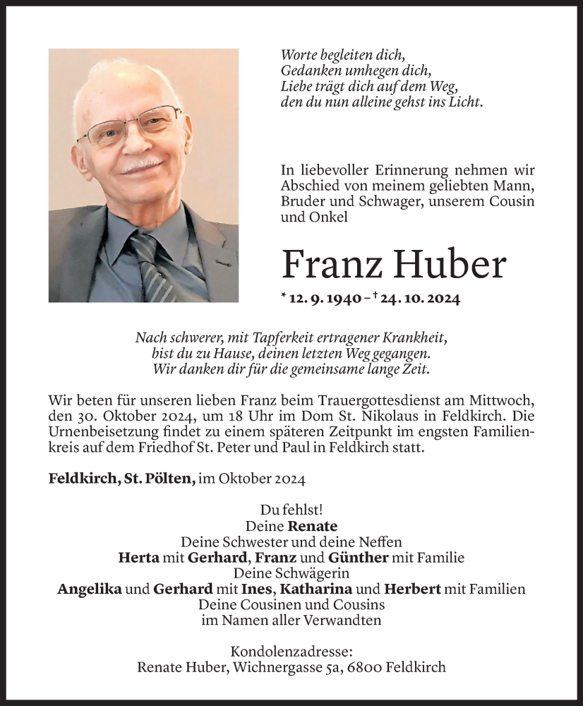  Todesanzeige für Franz Huber vom 24.10.2024 aus Vorarlberger Nachrichten